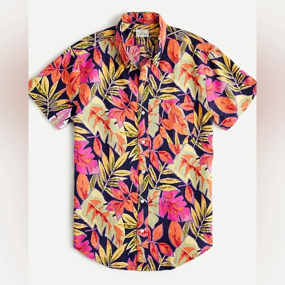 J.crew Classic Short-sleeve 100% linen shirt in tropical print Hawaii beach